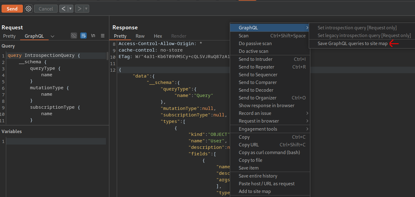 GraphQL introspection query executed in Burp