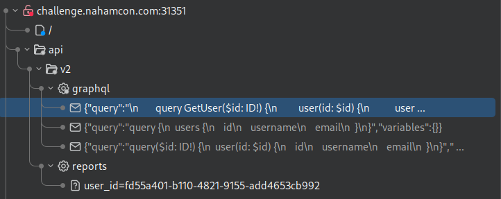 GraphQL query revealing report-related endpoints