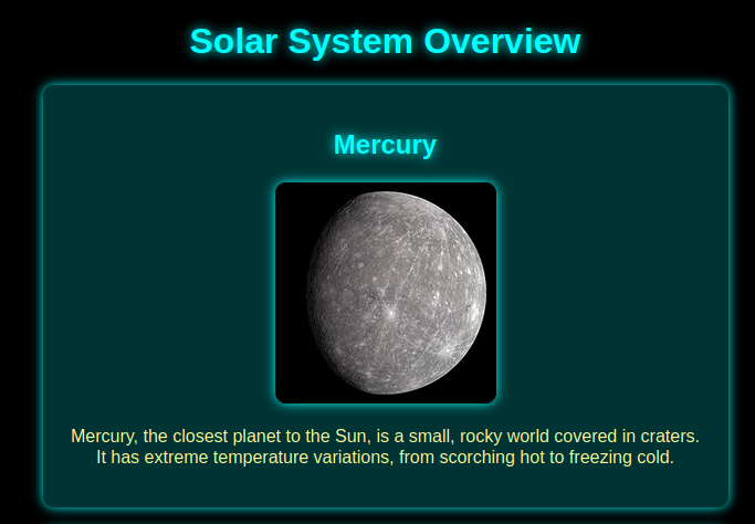 Planets overview web page displaying planets in the solar system with clickable entries