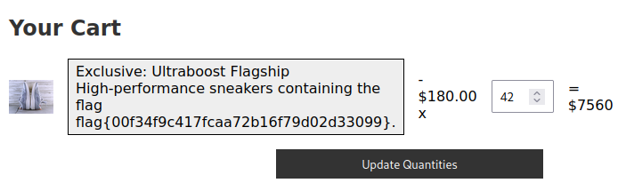 Admin shopping cart accessed via IDOR showing exclusive shoe and flag