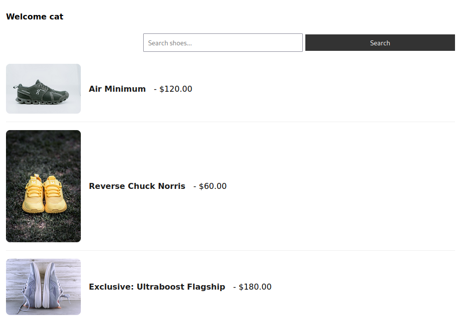 Shoe Shop 1.0 homepage showing product listings and navigation options