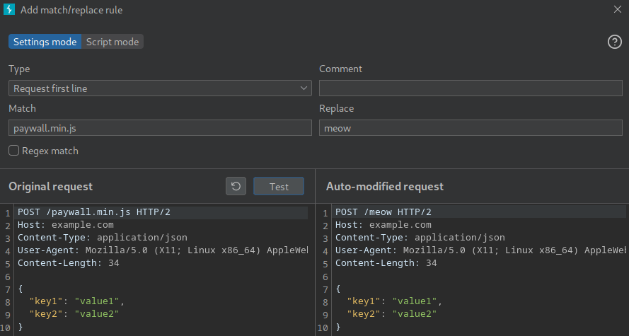 Burp Suite match-and-replace rule blocking paywall.min.js