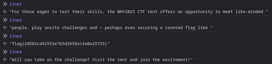 Browser console showing decoded flag variable