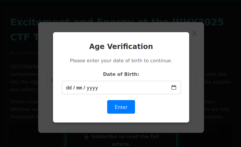 Date of birth age-gate form blocking access to content
