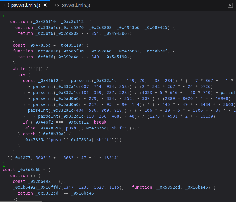 paywall.min.js file opened showing heavily obfuscated JavaScript