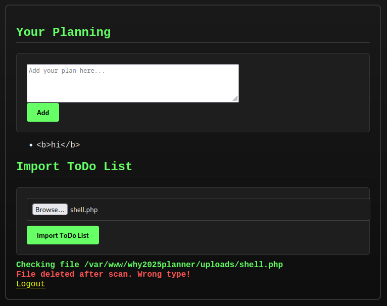 WHY2025 Planner dashboard showing bullet point planning interface