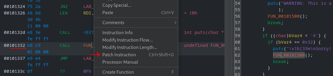 Ghidra patch instruction dialog