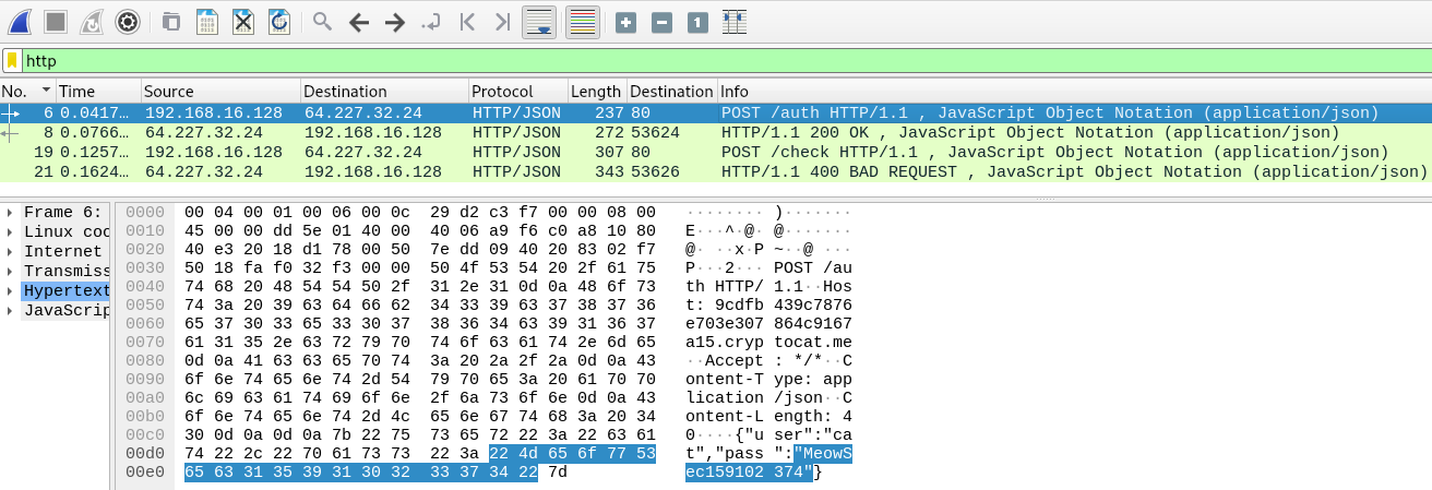Wireshark capture showing two HTTP POST requests