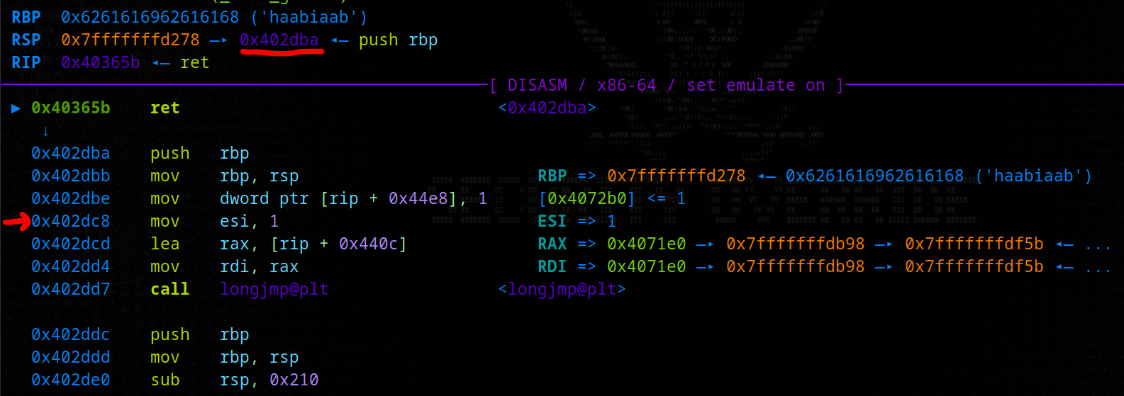 Breakpoint showing hijacked RIP
