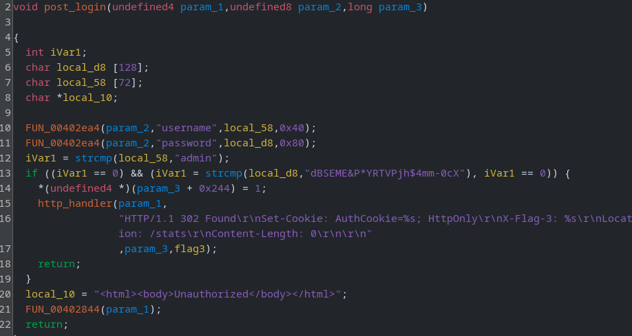 Login handler showing hardcoded creds