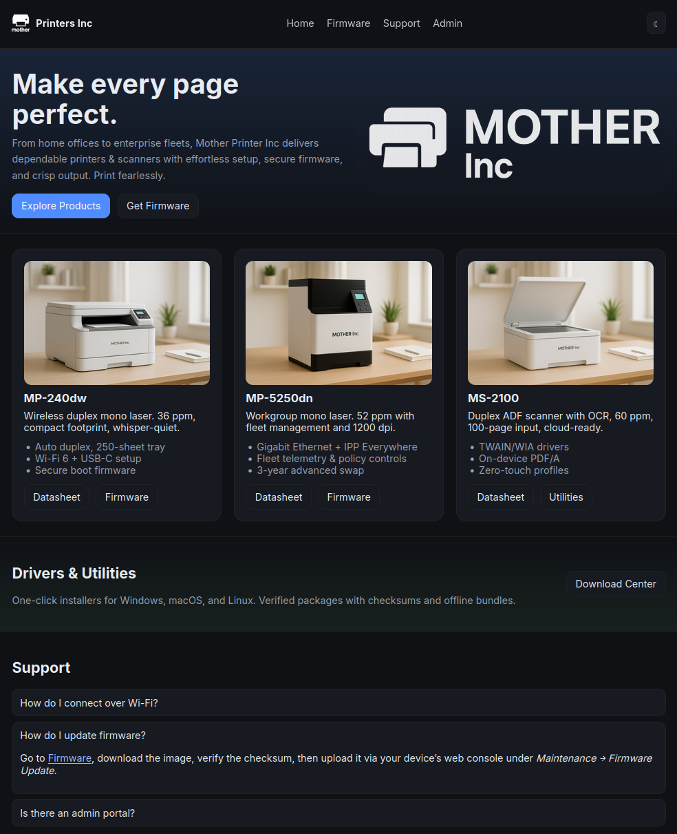 Mother Printers Inc landing page