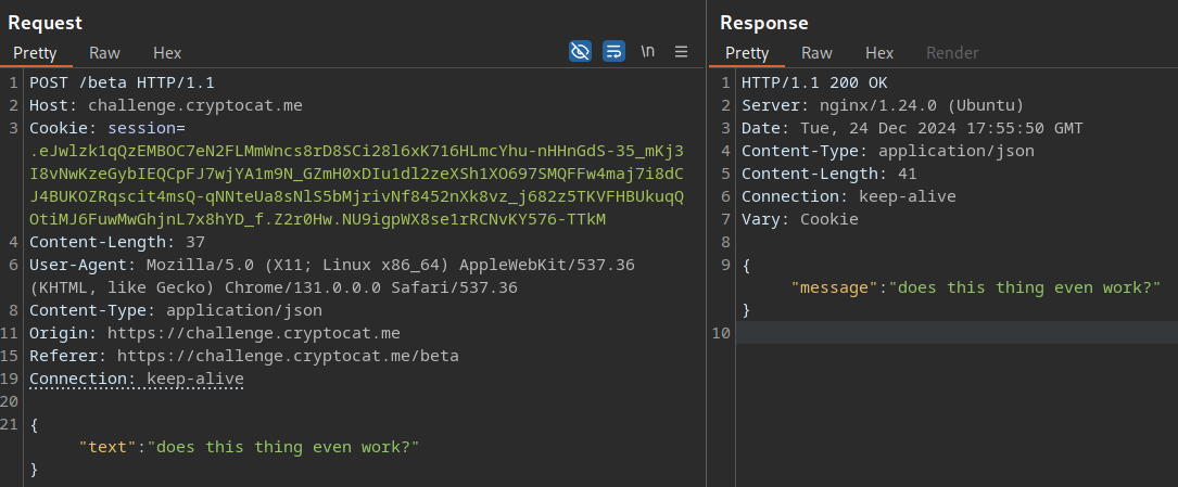 Burp request to the /beta endpoint