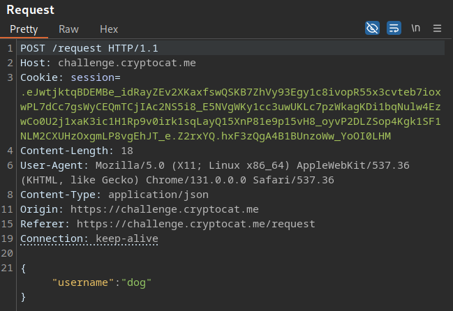 Burp request showing JSON body with username