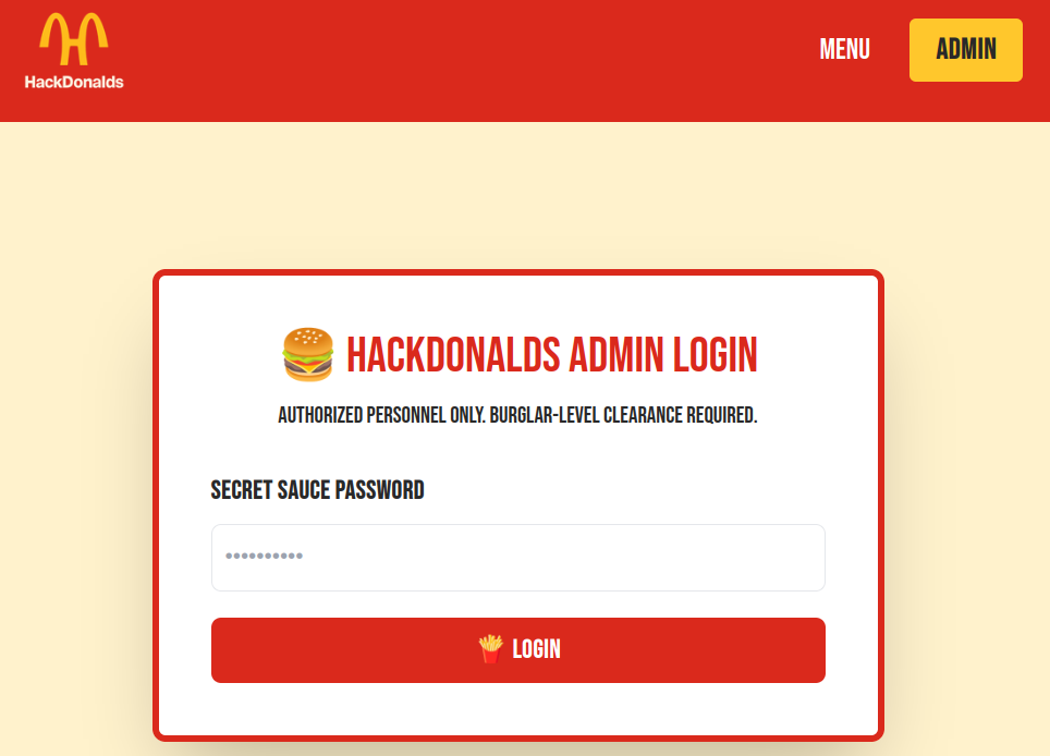 HackDonalds admin login page