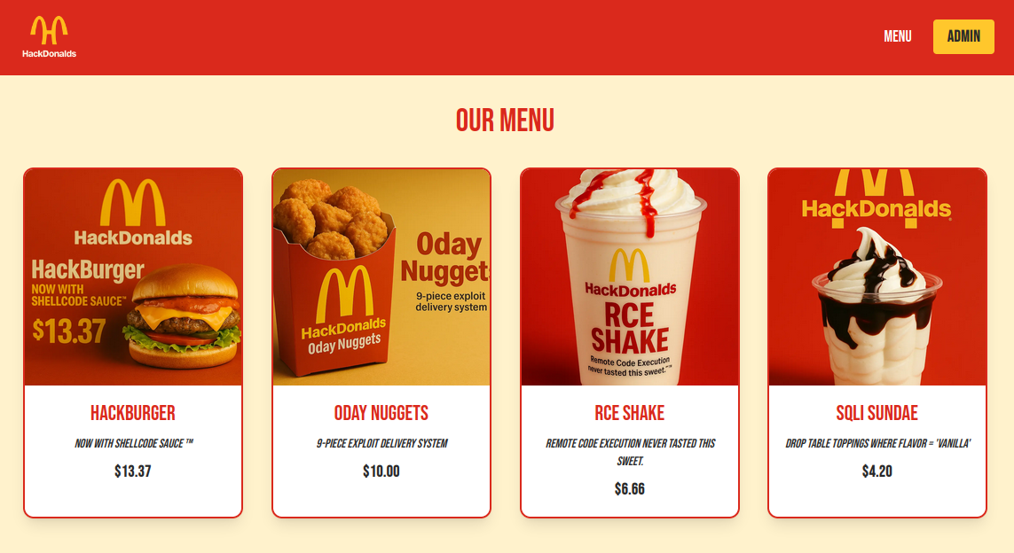 HackDonalds menu page