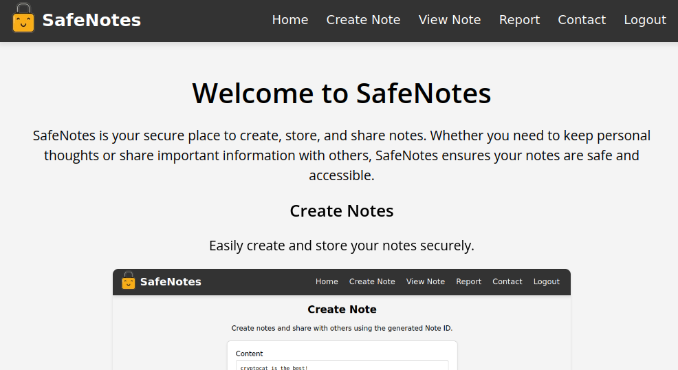 Safe Notes navigation menu after login