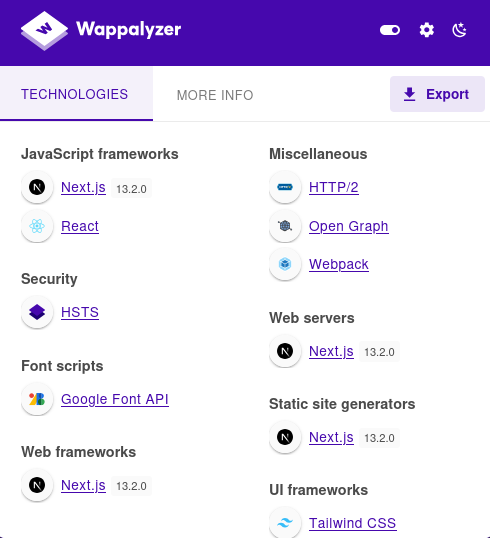 Wappalyzer showing Next.js version