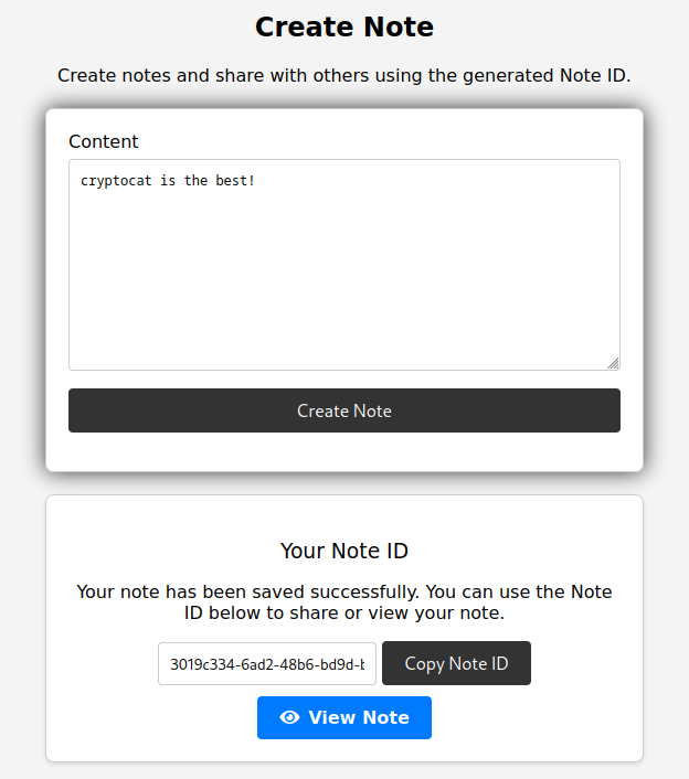 Create note page showing generated note ID