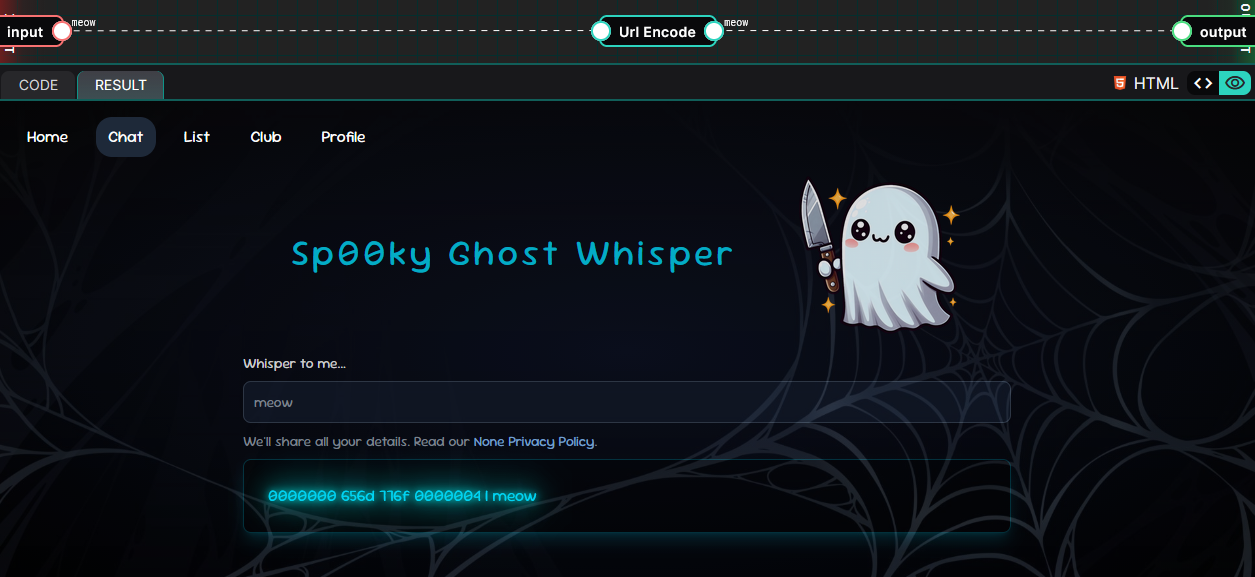 Ghost Whisper UI showing hexdump output alongside the input message