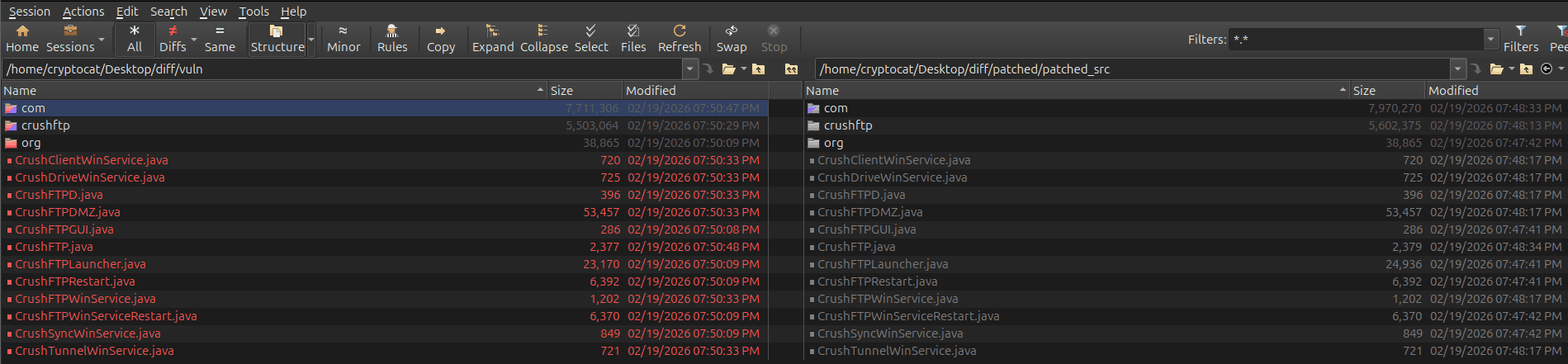 CrushFTP CVE-2024-4040 patch diff using BeyondCompare