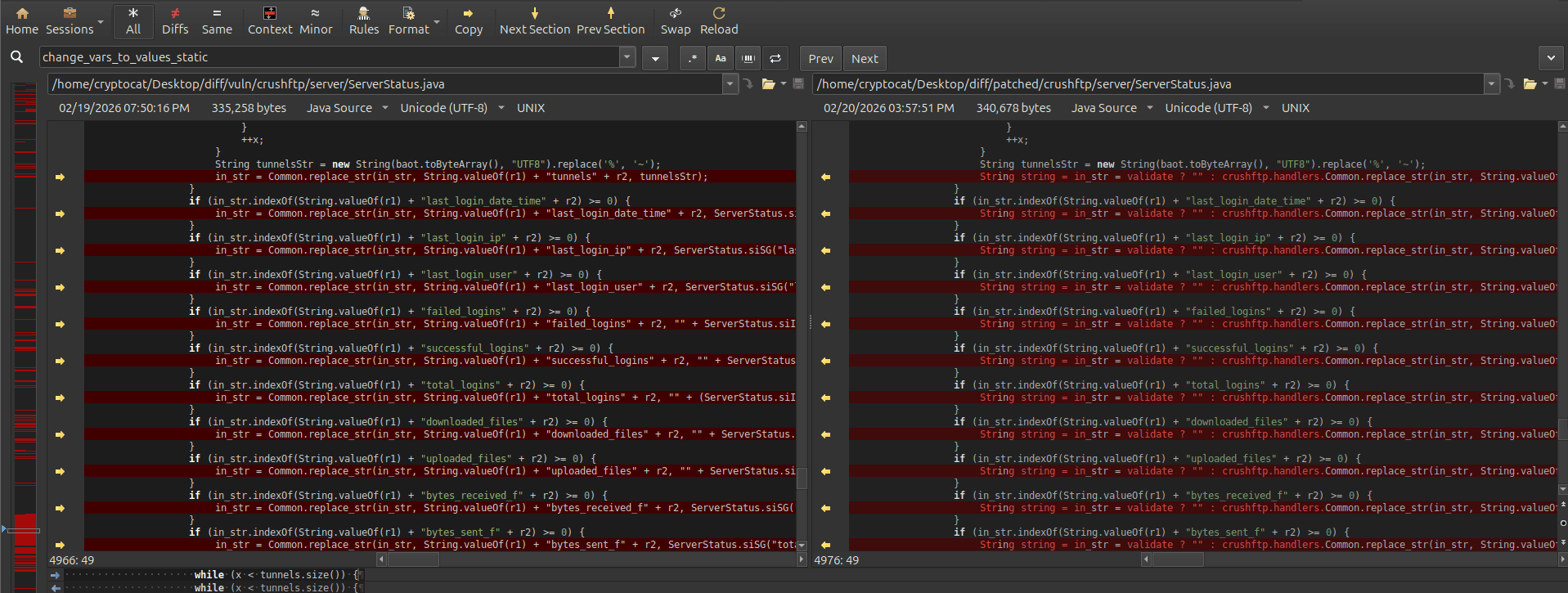 CrushFTP template engine patch diff showing large changes in ServerStatus