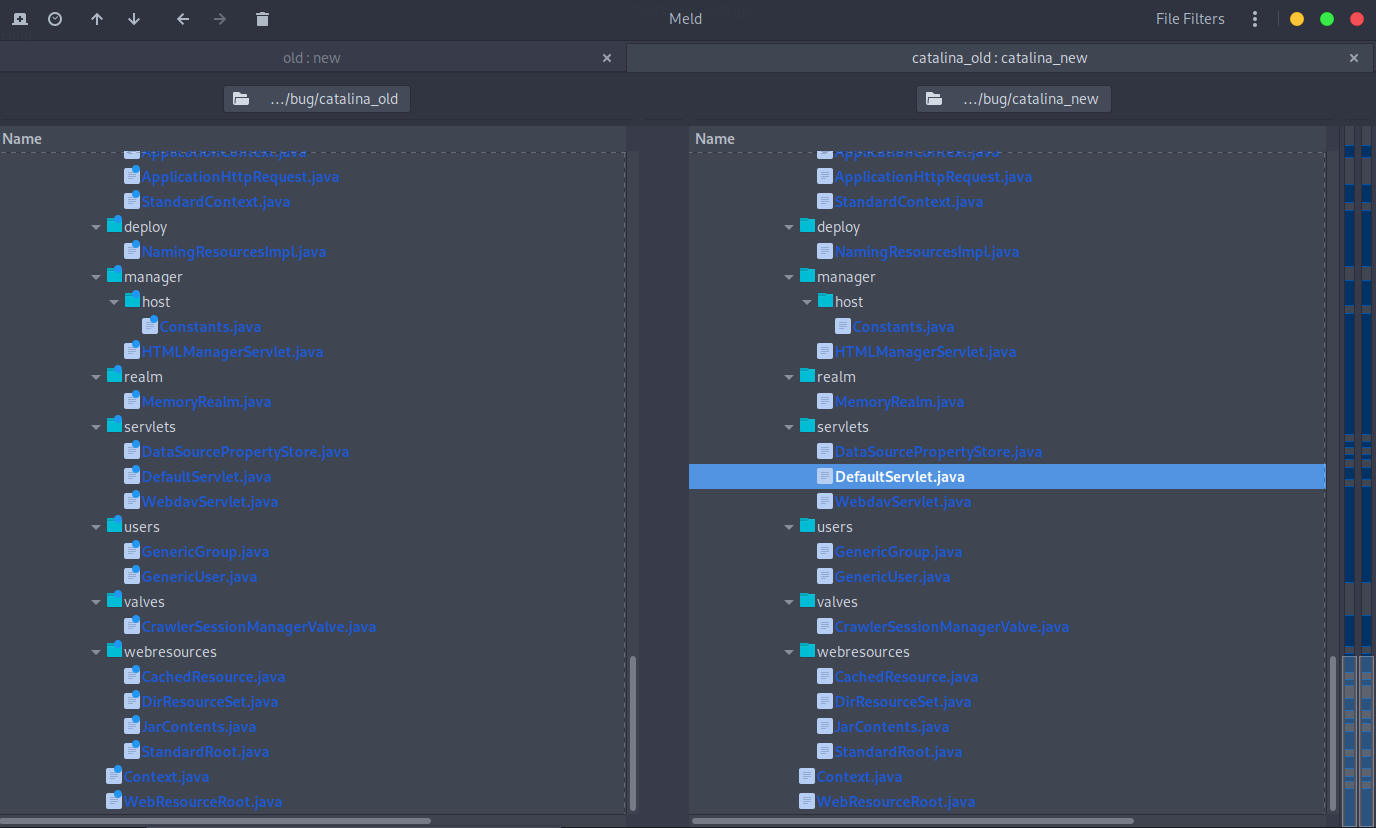 Meld view showing changes in decompiled catalina.jar sources (vulnerable vs patched)