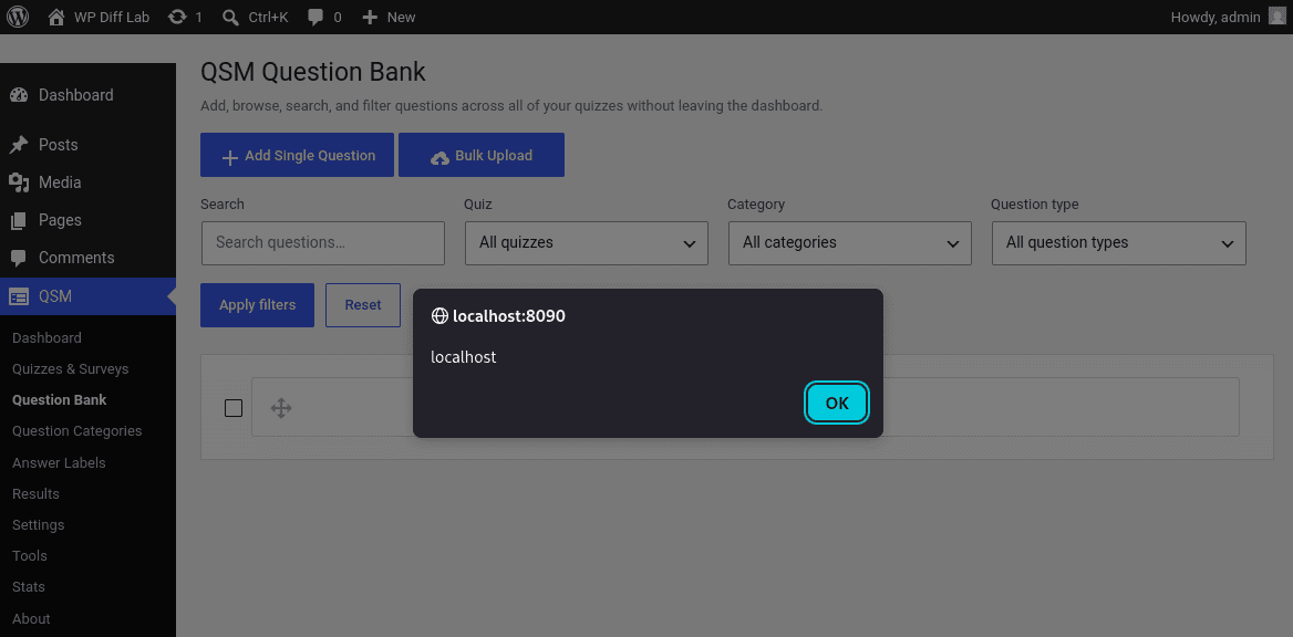 alert(document.domain) firing in the administrator's browser on the QSM Question Bank page