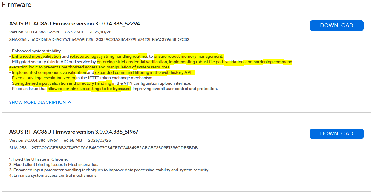 RT-AC86U firmware changelog highlighting security fixes