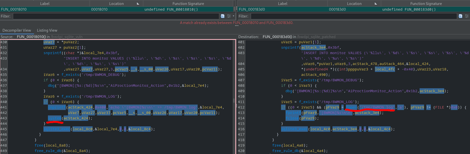 Diff showing system echo logging replaced with fopen and fprintf