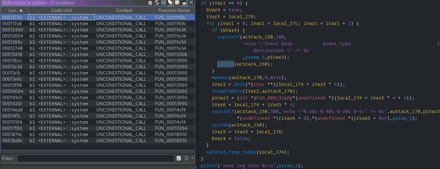 Ghidra xref list of system call sites in bwdpi_sqlite