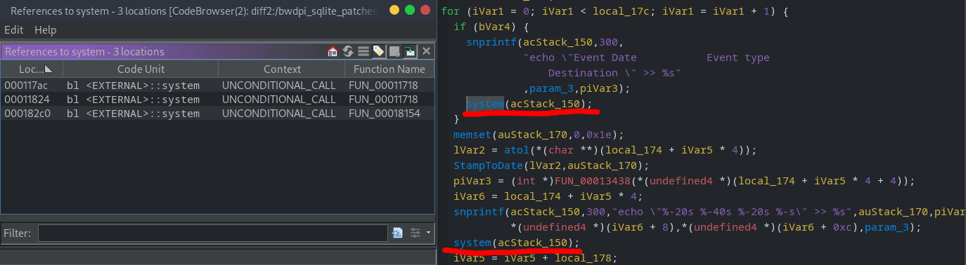 Ghidra view showing remaining system calls in the patched function