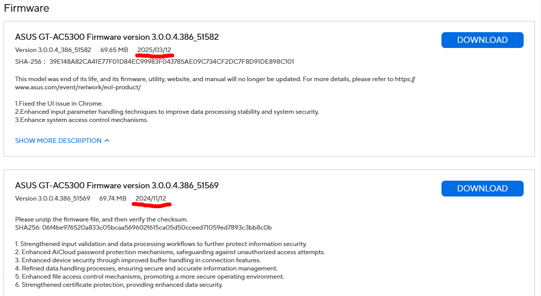 GT-AC5300 firmware downloads showing 2024 and March 2025 releases