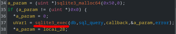 Disassembly showing sqlite3_get_table calling sqlite3_exec