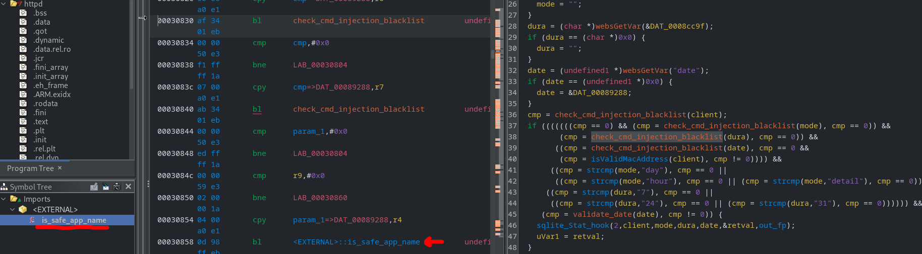 Disassembly showing the is_safe_app_name validation being invoked