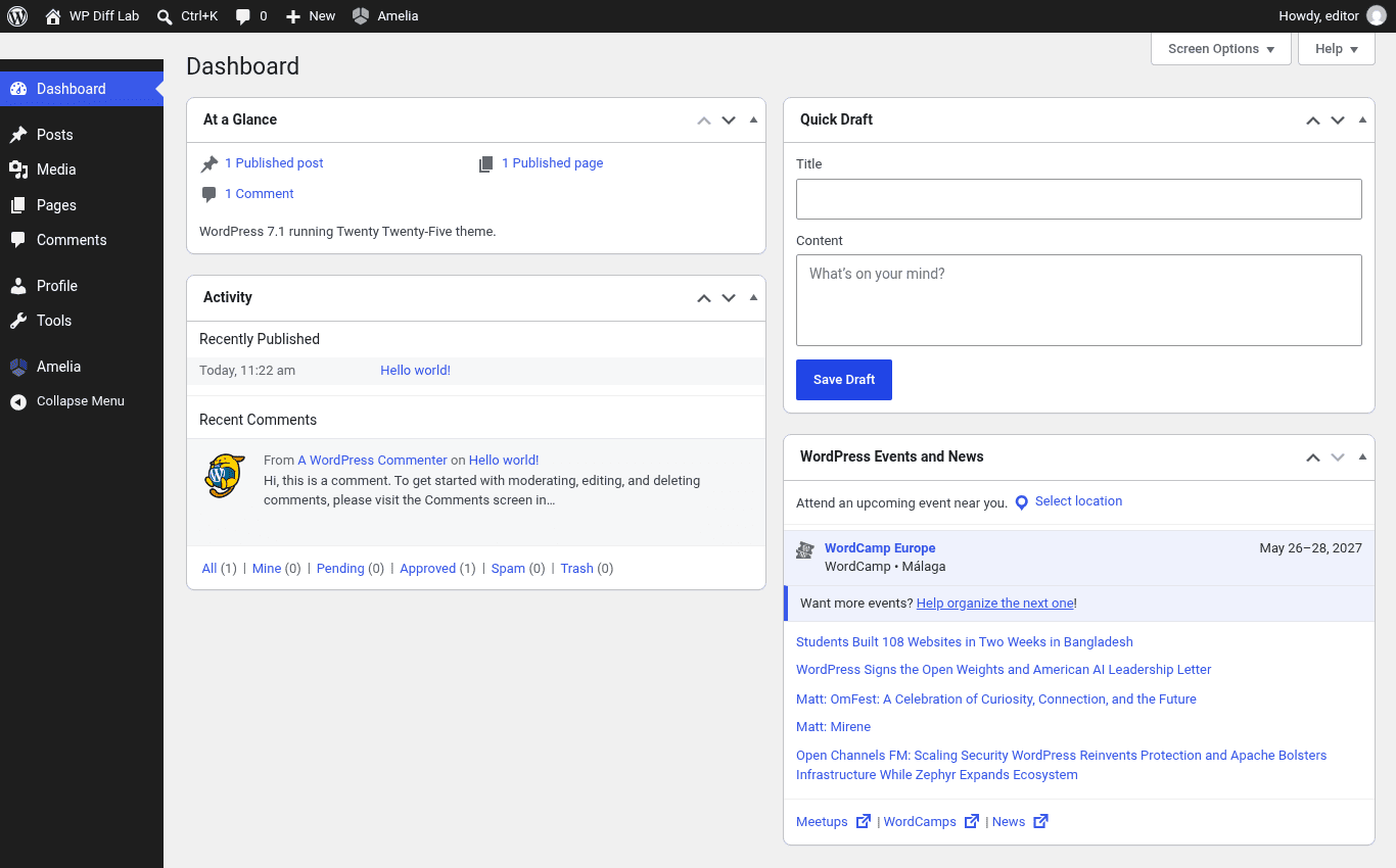 WordPress admin dashboard greeting Howdy, editor after signing in with the attacker-set password
