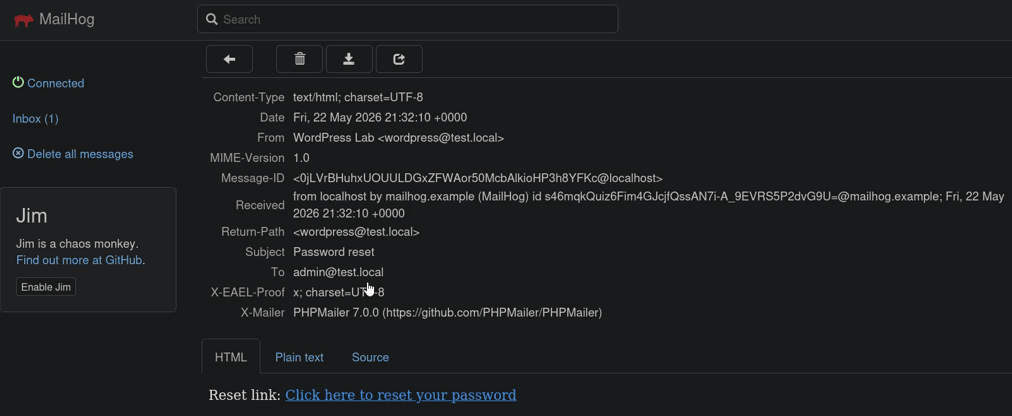Captured password reset email showing the injected Bcc header and the administrator reset link