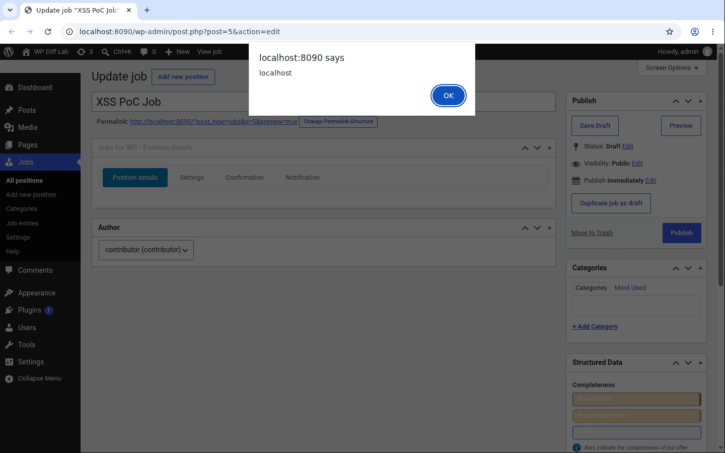 alert(document.domain) firing in the Job Postings editor while logged in as administrator