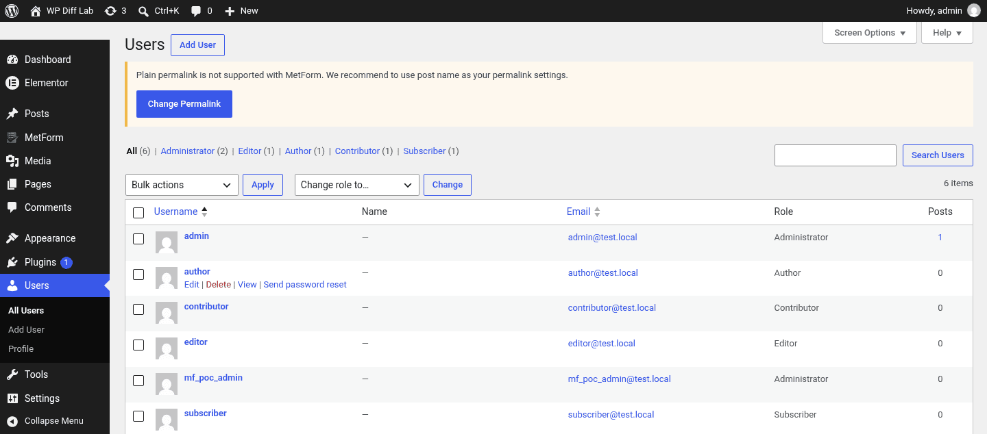 WordPress users list showing the mf_poc_admin account with the Administrator role