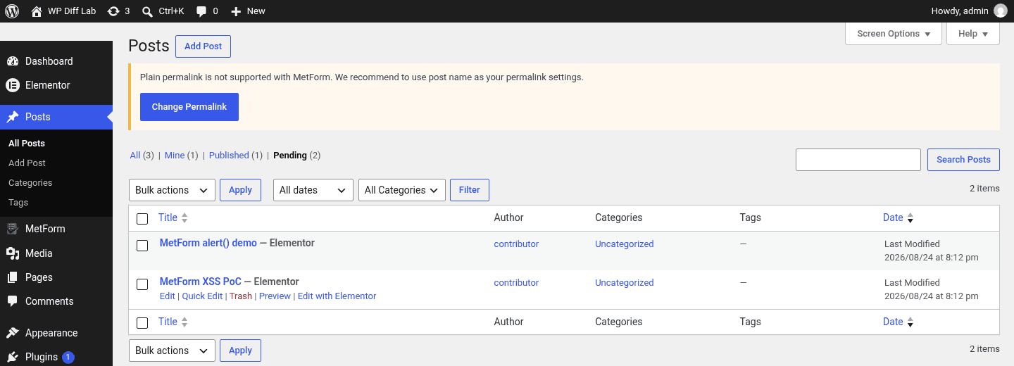 WordPress pending posts list showing two Contributor submissions awaiting review