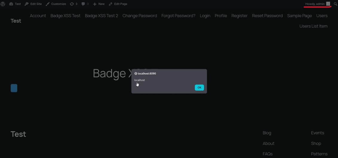 XSS alert pops in Admin's browser when they view the user profile containing the malicious badget
