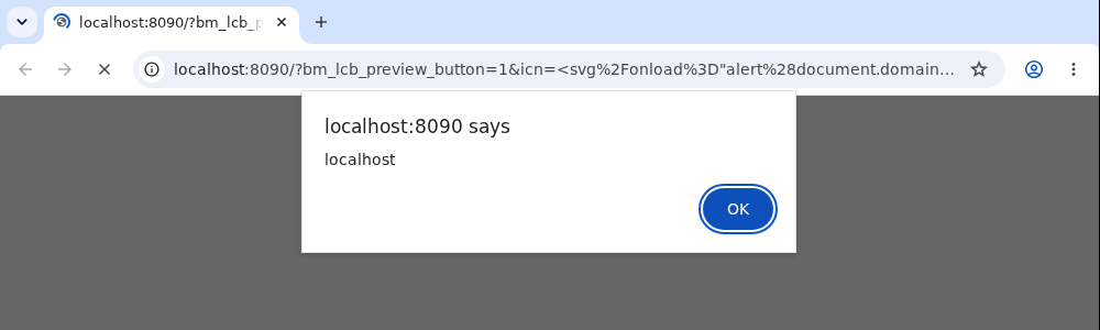 alert(document.domain) firing in the administrator browser on the Better Messages Live Chat Builder preview page, with the crafted icn URL in the address bar