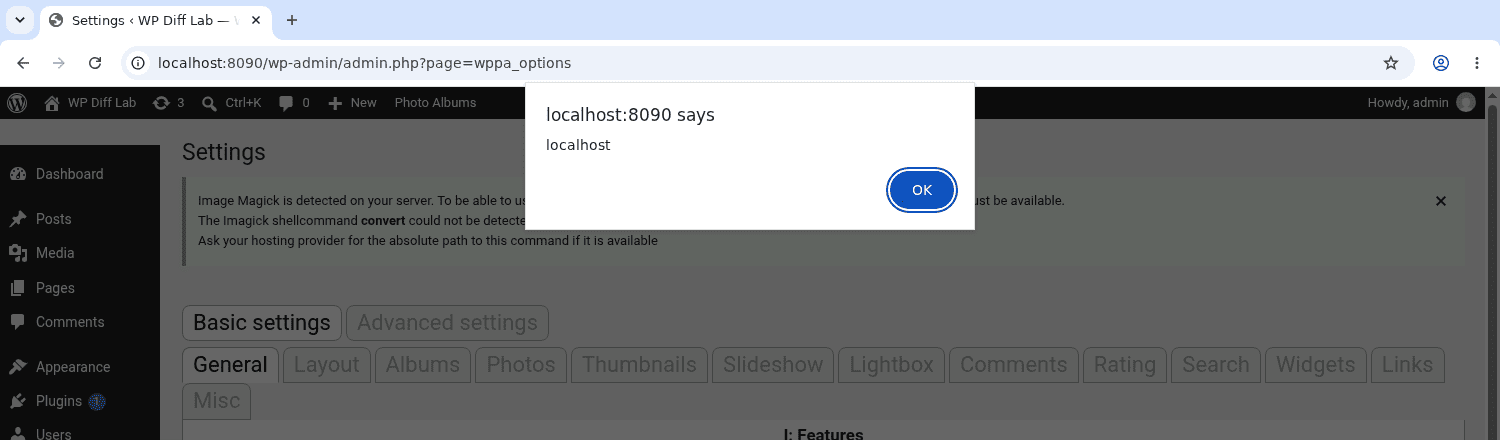 alert(document.domain) firing in the administrator browser as the WP Photo Album Plus log viewer opens